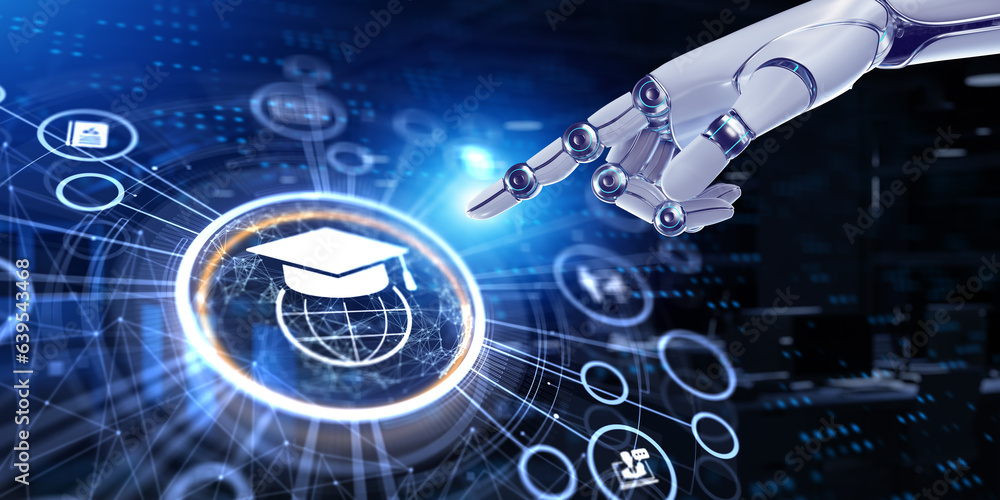 Poster e-learning remote education internet online learning technology concept. 3d render robot pressing bu