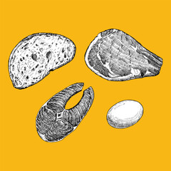 Naklejka premium Hand-drawn illustration of Meat, Fish, Bread and Egg, vector