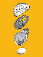 Hand-drawn illustration of Meat, Fish and Bread. Vector