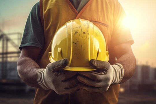 Builder holding yellow helmet. Generate Ai