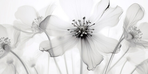 Artistic x-ray style image revealing intricate details of black and white wildflowers on a white background.
