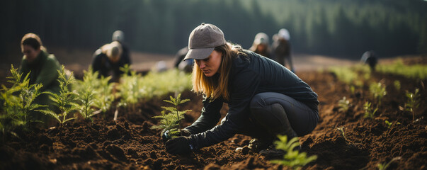 A group of volunteers is reforesting forests.. - obrazy, fototapety, plakaty