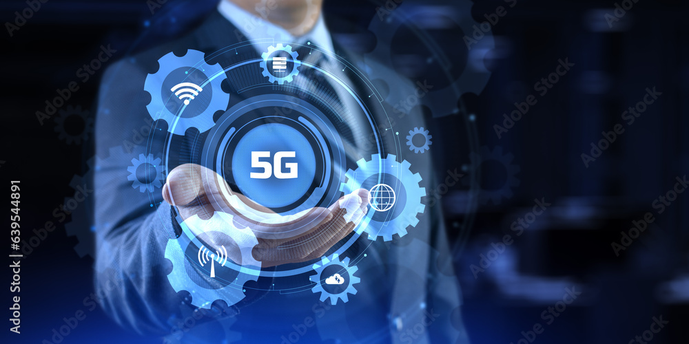 Poster 5g high-speed internet connection concept. businessman pressing button on screen.