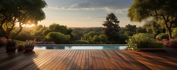 swimming pool and bare wooden deck.