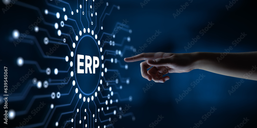 Aufkleber erp enterprise resources planning software system business process automation concept. hand pressing