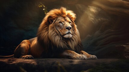A lion resting regally in its habitat, exuding calm authority, and providing an open space for text near the lion's form. restful king, calm authority, AI generated.