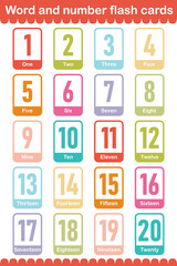 Printable flashcard collection for numbers from 1 to 20 with words for children. For preschool years and kindergarten kids learning numbers