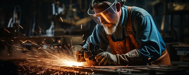 Production locksmith using specialised clothing and safety glasses. angle grinder used for metalworking. metallic work sparks.. - obrazy, fototapety, plakaty