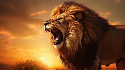A lion roaring against a golden-hued sunset, combining power and natural beauty, offering space for text near the horizon. golden sunset roar, power, natural beauty, AI generated. - obrazy, fototapety, plakaty