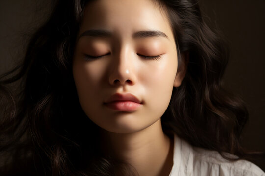 Close up of beautiful Asian young woman's face with eyes closed in black background for beauty, skin care, self care, mental health wellbeing concept