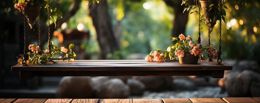 Old wooden patio with hanging wicker swing and hazy background of nature.