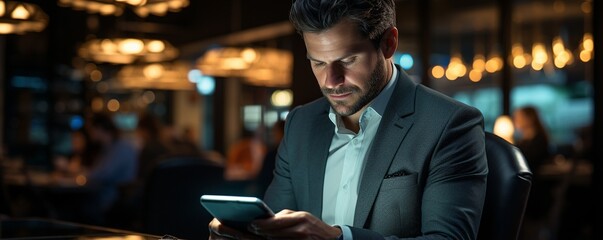Fototapeta premium introspective businessperson working at night on a tablet computer.