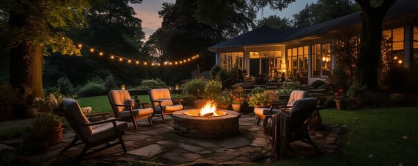 On a late summer or fall night, there is an outdoor fire pit in the rear with space for lawn chairs.. - Powered by Adobe
