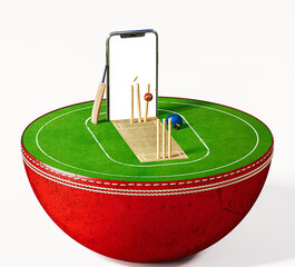 3D Render Of Cricket Stadium with Playground,  mobile  phone makeup, bat ball and stamps with helmet