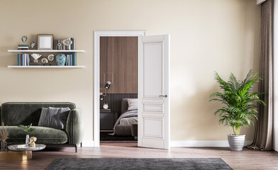 living room with sofa and inside  bedroom  door and plaster cream color walls and wooden floor, empty room with sofa and wall shelf, white door with carpet interior design concept , 3d illustration