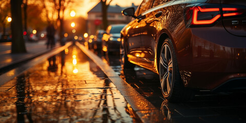 E-Auto Falschparker in der Gegenrichtung auf nasser Straße mit unten Ansicht und Sonnenuntergang als Querformat für Banner, ai generativ - obrazy, fototapety, plakaty