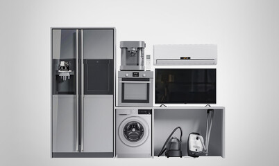Home appliances  3D render on grey background Group of black refrigerator washing machine stove microwave oven vacuum cleaner isolated on white background 3d