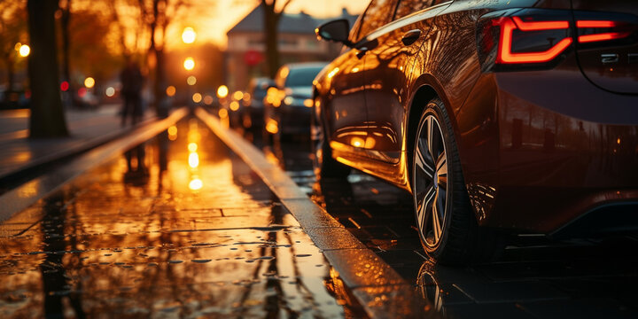 E-Auto Falschparker in der Gegenrichtung auf nasser Stra&szlig;e mit unten Ansicht und Sonnenuntergang als Querformat f&uuml;r Banner, ai generativ