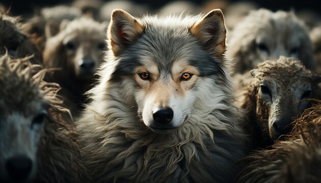 Wool-clad wolf among a group of sheep. Concept of the wolf posing as a sheep..