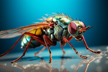 Close-up of a colored fly sitting on a surface. Generative AI