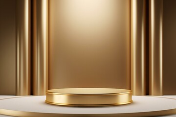Opulent gold podium exhibition with empty cylinder banner. Sophisticated elegance for showcasing products. Generative AI