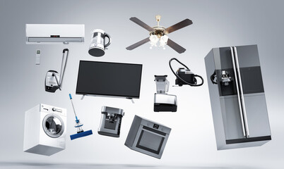 Home appliances flying in the air 3D render on grey background Group of black refrigerator washing machine stove microwave oven vacuum cleaner isolated on white background 3d