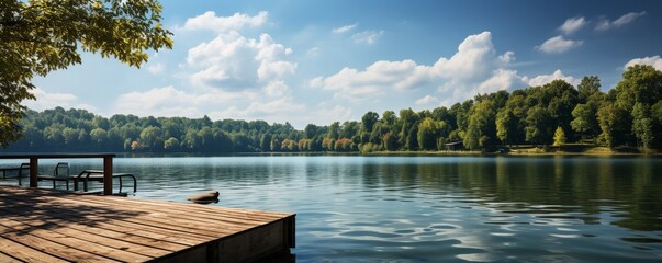 Lakeside wooden deck with a clear sky.