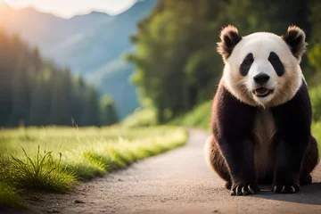 Gordijnen giant panda eating bamboo © babu studio