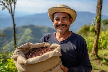 Coffee farmer smiling nature. Generate Ai