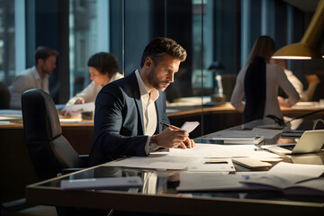 very busy and serious man in an modern office room.
