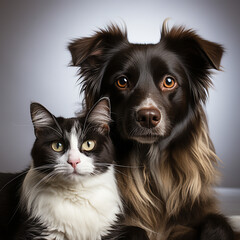 Dog and cat are sitting peacefully next to each other on a sofa and are looking at the camera, AI generated