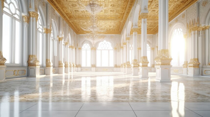 White Marble Golden Luxury Palace Interior with Sunny Windows and Columns.