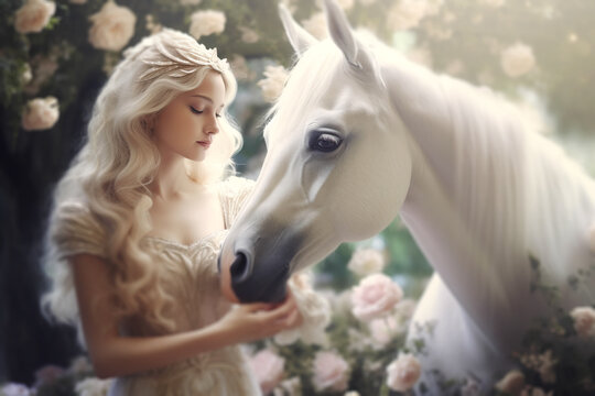 Beautiful Princess Woman in Gold Dress with White Horse in Magic Rose Garden - Powered by Adobe