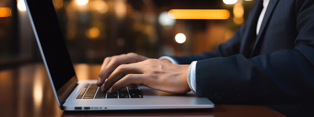 Dedicated businessman engrossed in his work at an office table. Panoramic banner encapsulates the professional environment as the individual operates a laptop computer