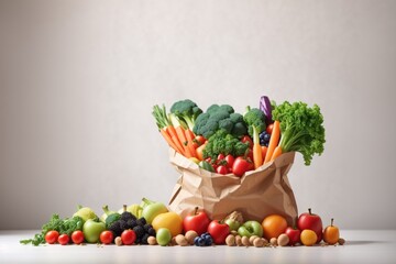 Delivery healthy food background. Healthy vegan vegetarian food in paper bag vegetables and fruits.
