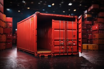 red cargo Container with open door - obrazy, fototapety, plakaty