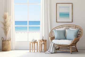 Coastal living room with frame mockup, chair, decor, and boho table. Generative AI