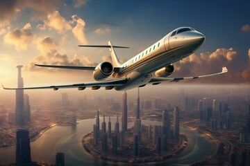 High-flying jet against stunning Dubai cityscape. Generative AI - obrazy, fototapety, plakaty