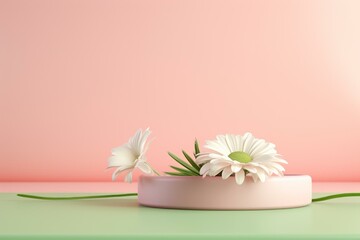 Fototapeta na wymiar 3D podium with cosmetic product presentation on pastel pink daisy flower background. Minimalistic beauty with green copy space. Generative AI