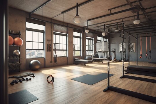 Contemporary gym with exercise gear, fitness center, crossfit and workout area, 3D design. Generative AI