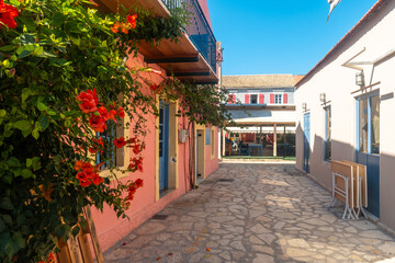 Restaurant area in the port of the village of Fiskardo on the island of Kefalonia, Greece