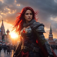 Red-haired warrior woman at Red Square in Russia, Generative Ai