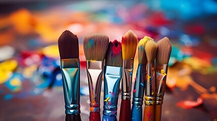 Colorful paint brush splashes on canvas. Row of artist paintbrushes closeup on artistic canvas, AI generative - obrazy, fototapety, plakaty