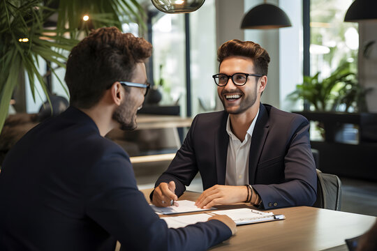 man agency smiling with a client, sucessfull