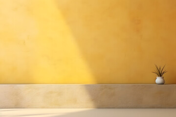 Minimal abstract golden background on plaster wall for product presentation. Light and shadows from windows