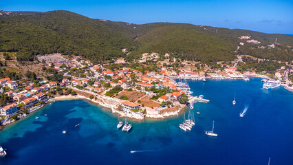 Aerial view of the port of Fiskardo village on the island of Kefalonia, Greece