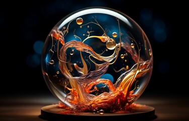 Exotic and alien motions of a biological scene in an abstracted crystal ball in a dark background. Generative AI