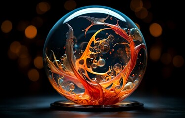 Exotic and alien motions of a biological scene in an abstracted crystal ball in a dark background. Generative AI