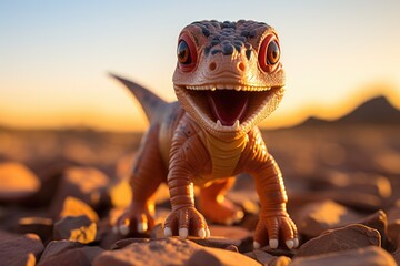 Cute baby dinosaur on the background of a lifeless desert of the ancient world.