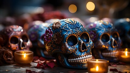  Day of the Dead altar design in Mexico. Blue sugar skulls, and candles .